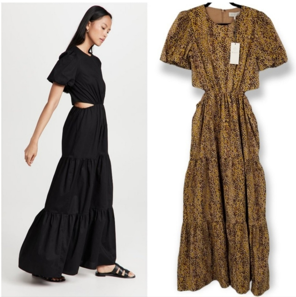 WAYF Plaza Cutout Puff Sleeve Chita Print Maxi Dress